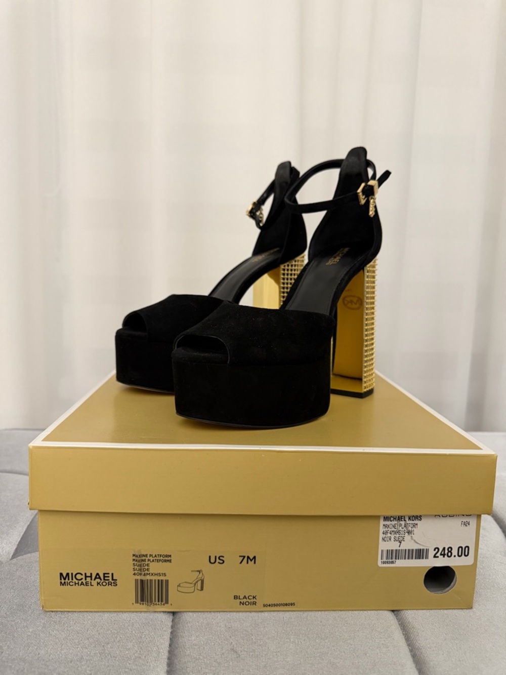 Michael Kors | Black Suede Platform Sandals with Gold Rhinestone Block Heel